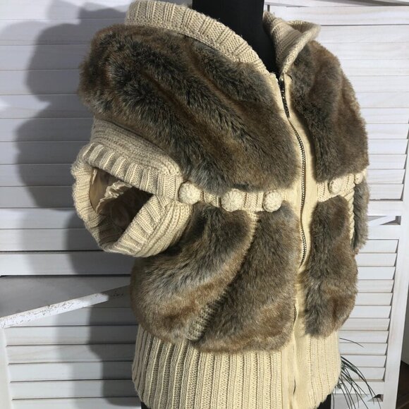 Vintage 90s Y2K Faux Fur vest warm wool brown beige cable knit with hood Sz S - Picture 10 of 12